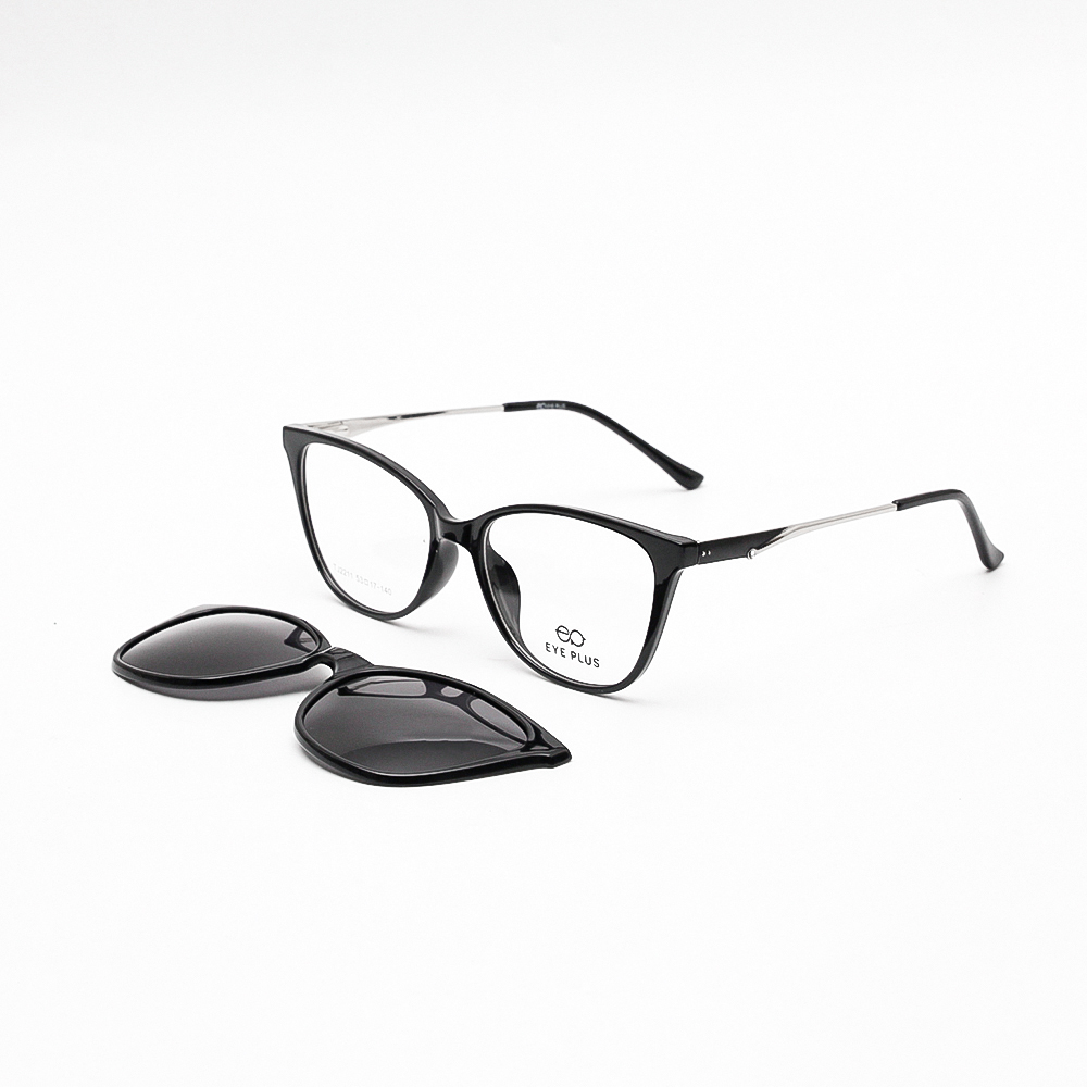 GỌNG KÍNH RÂM CẬN KIM LOẠI 2IN1 2211 C1 ĐEN DÁNG MẮT MÈO CHO NỮ